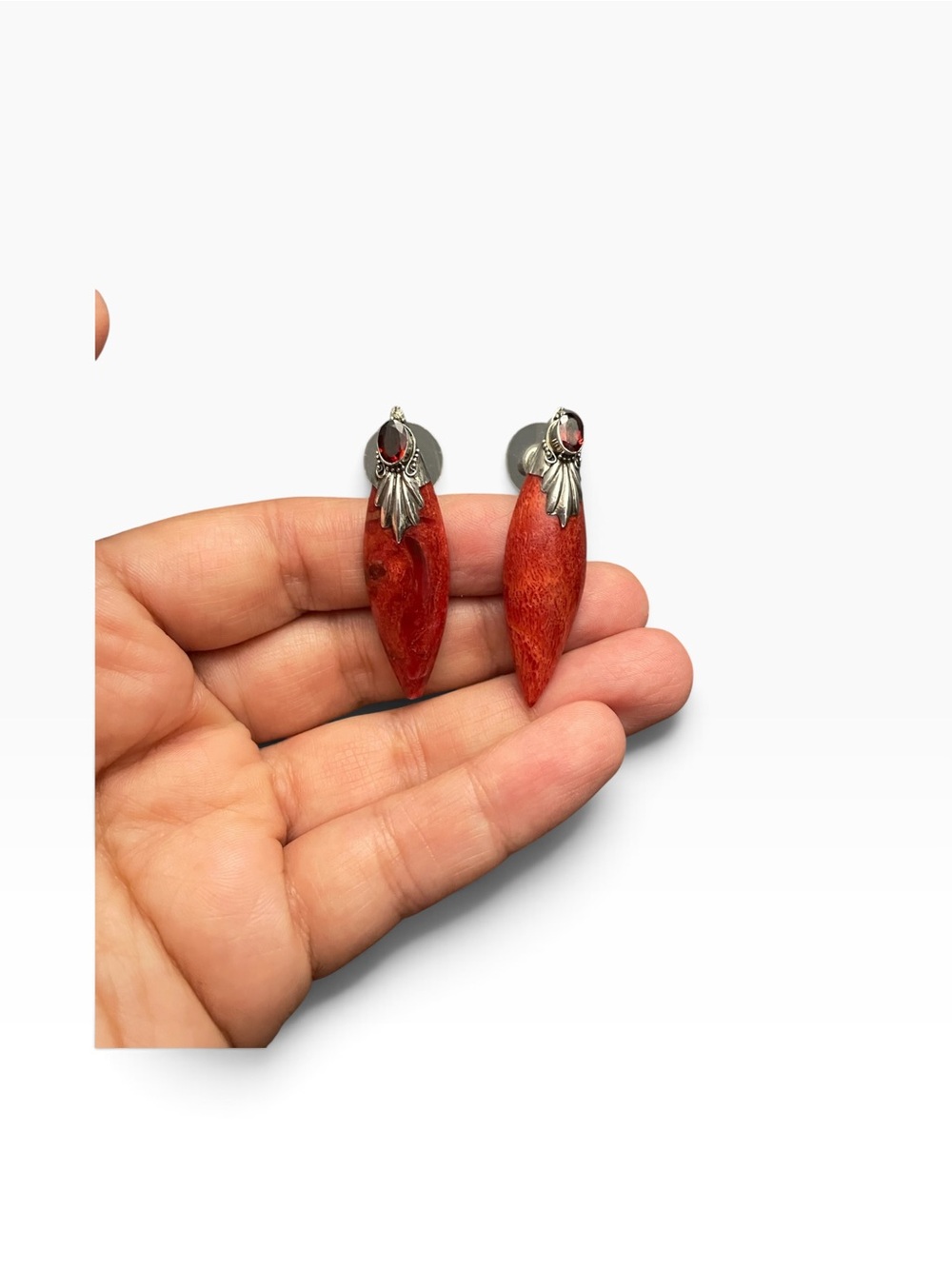 Handcrafted Red Coral Drop Earrings with Silver Accents